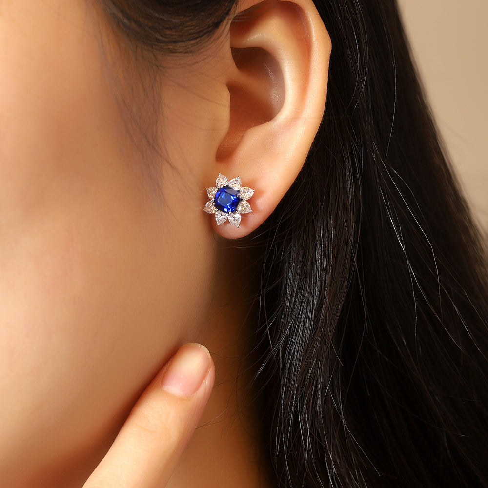 Laboratory grown sapphire ear stud,main stone 2.58CT,9K gold ring setting